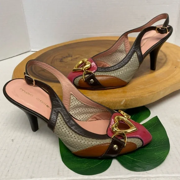 Mac collection Stenciled heart Retro leather Slingback Kitten Heels - Picture 1 of 7